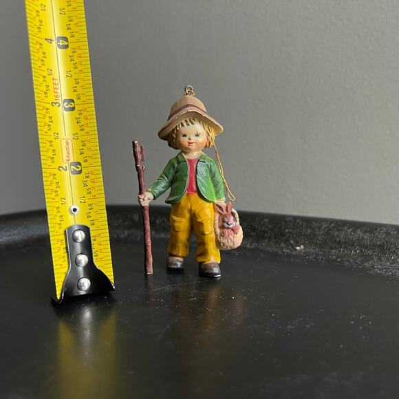 Vintage Boy Walking Stick Basket - Rabbit 3 1/4" Tall Hanging Holiday Ornament - Picture 6 of 8